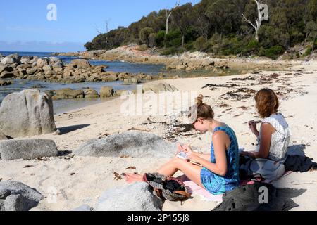 Künstler arbeiten am abgeschiedenen Strand in Tasmanien Stockfoto