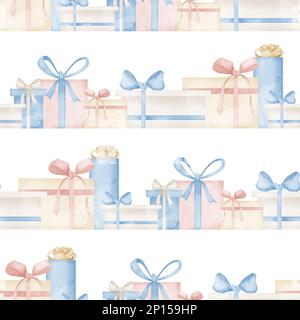 Wasserfarbenes, nahtloses Muster mit Geschenken in niedlichen Pastellblau und Pink. Handgezeichnete Illustration mit Geschenkboxen für die Geburtstagsparty auf isoliertem Hintergrund. Verzierung für Geschenkpapier. Stockfoto