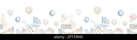 Wasserfarbener nahtloser Rand mit Babywagen und Wiege in Pastellblau und Beige. Handgezeichnetes Muster mit Geschenken und Luftballons für Neugeborenen-Duschen oder Banner. Abbildung: Kinderbett. Stockfoto