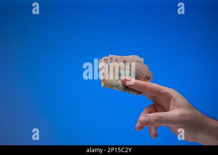 Von Männern gehaltene rumänische Lei-Banknoten. Nahaufnahme des Studios, isoliert auf blauem Hintergrund. Stockfoto