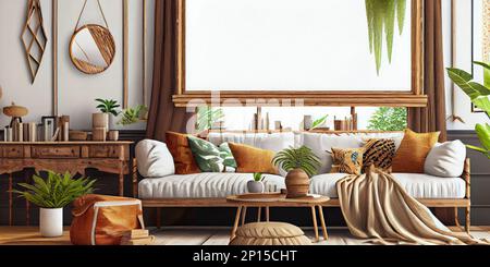 Stilvolles skandinavisches Wohnzimmer mit Design-Minzsofa, Möbeln, Modell-Poster-Karte, Pflanzen und eleganten persönlichen Accessoires. Moderne Inneneinrichtung Stockfoto