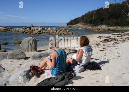 Künstler arbeiten an einem abgeschiedenen Strand in Tasmanien mit unberührter Küste und Stränden in der Nähe von Skeleton Bay, Binalong Tasmanien für Inspiration Stockfoto