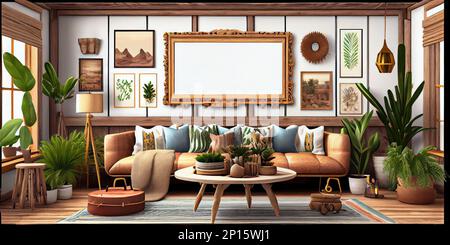 Stilvolles skandinavisches Wohnzimmer mit Design-Minzsofa, Möbeln, Modell-Poster-Karte, Pflanzen und eleganten persönlichen Accessoires. Moderne Inneneinrichtung Stockfoto