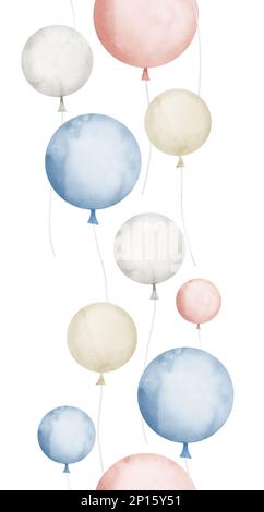 Wasserfarbener nahtloser Rahmen mit runden Ballons auf isoliertem Hintergrund. Vertikale Verzierungen für Grußkarten oder Einladungen. Handgezeichnete Illustration für den Geburtstag in Pastellrosa und Blau. Stockfoto