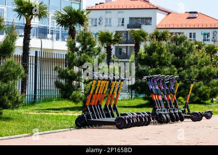Russland, Sotschi, 5. Mai 2022, elektrische Roller stehen in einer Reihe auf dem Bürgersteig einer Stadtstraße, die von Touristen gemietet werden können Stockfoto