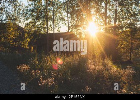 Blick auf die klassische finnische Landschaft mit traditionellen hölzernen roten Hüttenhäusern und Campingplatz, Uusimaa, Südfinnland an sonnigen Sommertagen Stockfoto