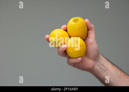 Weiße männliche Hand mit drei frischen gelben Zitronen in der Hand Nahaufnahme isoliert auf grauem Hintergrund. Stockfoto