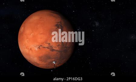 Roter Planet Mars im Weltraum und nahes Raumschiff Stockfoto