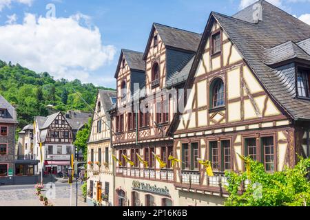 Oberwesel: Altstadt, Marktplatz, Fachwerkhäuser in Rheintal, Rheinland-Pfalz, Rheinland-Pfalz, Deutschland Stockfoto