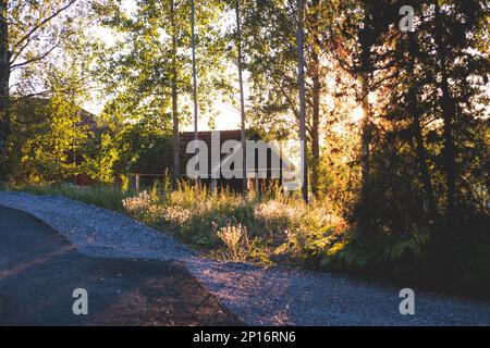 Blick auf die klassische finnische Landschaft mit traditionellen hölzernen roten Hüttenhäusern und Campingplatz, Uusimaa, Südfinnland an sonnigen Sommertagen Stockfoto