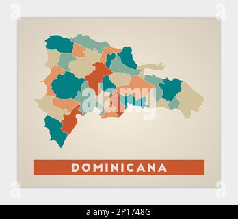 Dominicana-Poster. Landkarte mit bunten Regionen. Form von Dominicana mit Ländernamen. Authentische Vektordarstellung. Stock Vektor