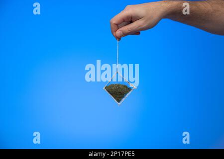 Weiße männliche Hand, die einen Teebeutel an der Schnur hält, isoliert auf blauem Hintergrund, Studiofoto. Stockfoto