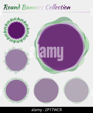 Runde Badges Kollektion. Kreisförmige Hintergründe in violetten, roten und grünen Farben. Authentische Vektorillustration. Stock Vektor
