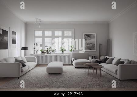 Stilvolles skandinavisches Wohnzimmer mit Design-Minzsofa, Möbeln, Modell-Poster-Karte, Pflanzen und eleganten persönlichen Accessoires. Moderne Inneneinrichtung Stockfoto