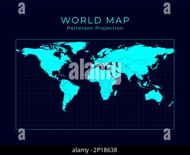 Weltkarte. Zylindrische Projektion nach Patterson. Futuristische Infografik Weltanschauung. Helle Cyan-Farben auf dunklem Hintergrund. Moderner Vektor Il Stock Vektor