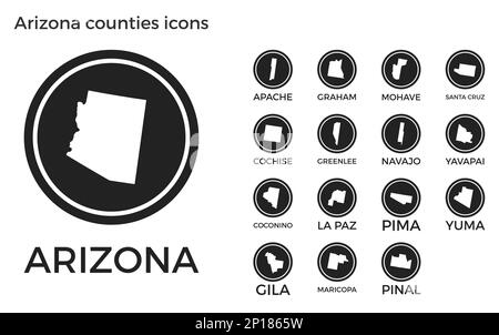 Wahrzeichen der Arizona Counties. Schwarze runde Logos mit Karten und Titeln der US-Bundesstaaten. Vektordarstellung. Stock Vektor