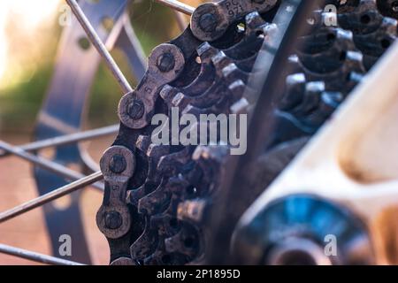 Mountainbike gebraucht und schmutzige Getriebe Kassette Zahnräder Makro Nahaufnahme draußen Stockfoto