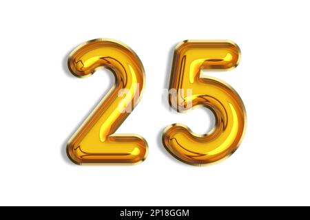 25 Jahre alt. Goldballons, 25.-Jubiläumsnummer, herzlichen Glückwunsch zum Geburtstag. Darstellung goldener realistischer 3D-Symbole. Banner, Symbole isola Stockfoto