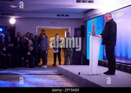 Lemberg, Ukraine. 03. März 2023. Der ukrainische Generalstaatsanwalt Andriy Kostin hält während der Konferenz „United for Justice“ am 3. März 2023 in Lemberg, Ukraine, eine Stellungnahme ab. Kredit: Pool Photo/Pressestelle Des Ukrainischen Präsidenten/Alamy Live News Stockfoto