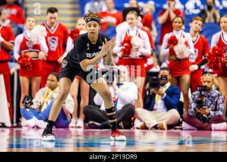 Greensboro, NC, USA. 3. März 2023. Der NC State Wolfpack Guard Aziaha James (10) versucht, die Menge während des Viertelfinals des Women's ACC Tournaments gegen das Notre Dame Fighting Irishat Greensboro Coliseum in Greensboro, NC, anzuregen. (Scott Kinser/Cal Sport Media). Kredit: csm/Alamy Live News Stockfoto