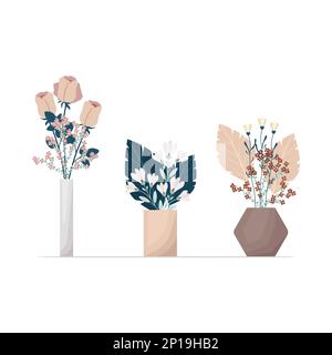 Blumenset in Vasen im Boho-Stil. Zur Zusammensetzung der Blumenvektordarstellung. Sträuße aus Trikottchen, Baumwolle, verschiedene dekorative Blätter und Zweige Stock Vektor