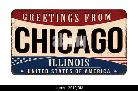 Grußzeichen aus Chicago aus altem rostigem Metall auf weißem Hintergrund, Vektorbild Stock Vektor