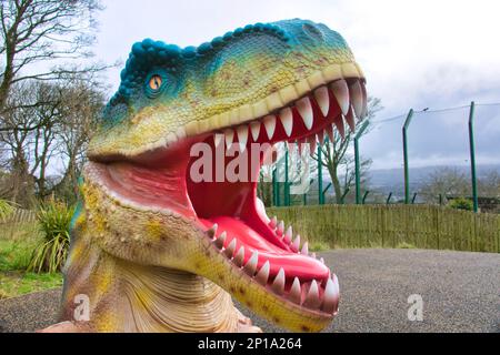 t rex Spielplatz lebensechter Spielzeugkopf für Selfies, die durchschauen Stockfoto