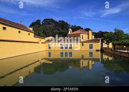 Portugal, Lissabon, Oeiras. Historische Schießpulverfabrik. Die Villa spiegelt sich im Gartenteich vor einem tiefen blauen Himmel mit Zirruswolken wider Stockfoto