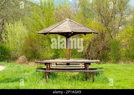 Alte hölzerne Gartenlaube, die neben der Straße in der Natur steht Stockfoto