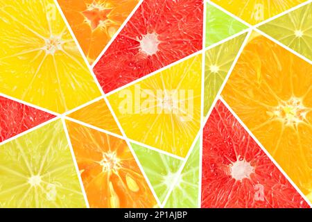 Zitrusmuster frische, reife Orangen, Zitronen, Tangerinen und Grapefruits. Fruchthintergrund. Stockfoto