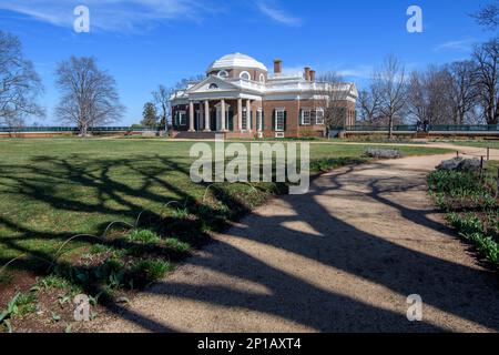 Monticello, das historische Heim von Thomas Jefferson, dem dritten Präsidenten der Vereinigten Staaten von Amerika, Charlottesville, Virginia, USA. Stockfoto