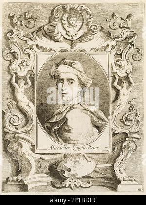 Compendio delle Vite de' Pittori Veneziani istorici pi&#xf9;rinomati del presente secolo con suoi ritratti tratti dal naturale delineati ed incise da Alessandro Longhi Veneziano, 1762.Compendium Leben der berühmtesten venezianischen und historischen Maler des heutigen Jahrhunderts mit seinen Porträts aus der Naturkulisse, die von Alessandro Longhi skizziert und graviert wurde. Stockfoto