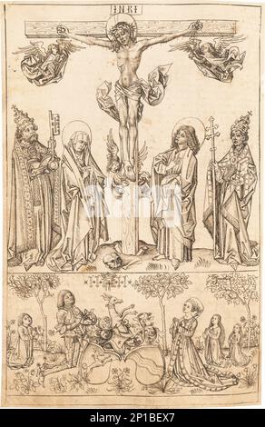 Kreuzigung mit der Jungfrau und den Heiligen und der Hungerstein-Familie, c. 1492. Stockfoto