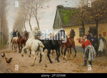 Eine Reihe von Pferden vor einem Gasthaus, 1878. Stockfoto