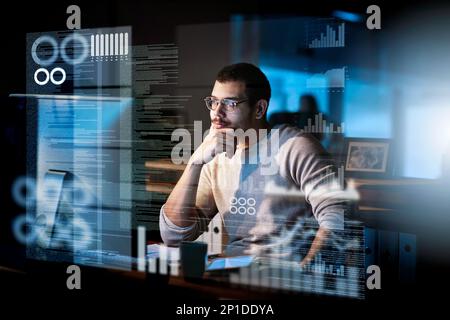 Dieser Code enthält keine Fehler. Ausgeschnittene Aufnahme eines männlichen Computerprogrammierers, der an neuem Code arbeitet. Stockfoto