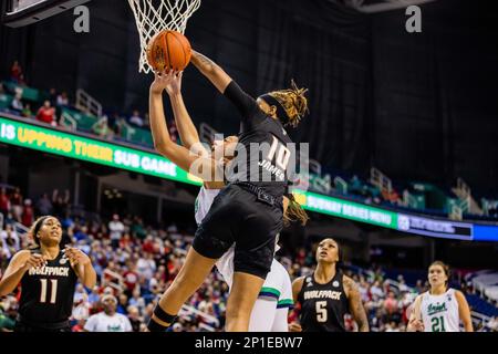 Greensboro, NC, USA. 3. März 2023. NC State Wolfpack Wachmann Aziaha James (10) kämpft gegen Notre Dame gegen den irischen Stürmer Kylee Watson (22) während des Viertelfinals des Women's ACC Tournament am Greensboro Coliseum in Greensboro, NC. (Scott Kinser/Cal Sport Media). Kredit: csm/Alamy Live News Stockfoto