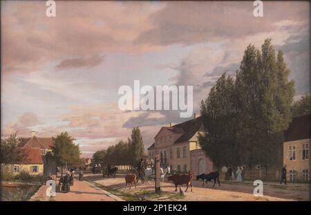 Blick auf eine Straße in Osterbro außerhalb von Kopenhagen. Morgenlicht;Osterbro am Morgen. Rechts "Rosendal", im Hintergrund "Petersborg", 1836. Stockfoto