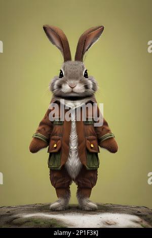 Hase verkleidete anthropomorphe hyperrealistische kleine niedliche und bezaubernde Hase in einem anthropomorphen Porträt von baptiste monge Stockfoto