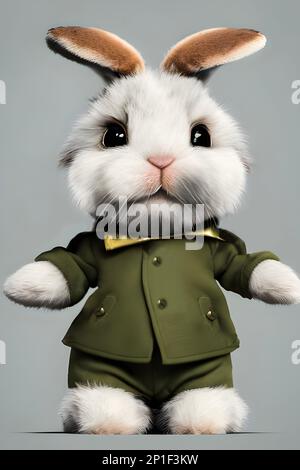 Hase verkleidete anthropomorphe hyperrealistische kleine niedliche und bezaubernde Hase in einem anthropomorphen Porträt von baptiste monge Stockfoto