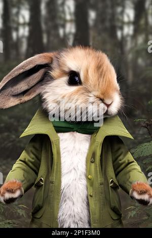 Hase verkleidete anthropomorphe hyperrealistische kleine niedliche und bezaubernde Hase in einem anthropomorphen Porträt von baptiste monge Stockfoto