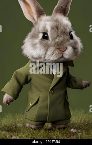 Hase verkleidete anthropomorphe hyperrealistische kleine niedliche und bezaubernde Hase in einem anthropomorphen Porträt von baptiste monge Stockfoto