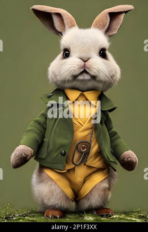 Hase verkleidete anthropomorphe hyperrealistische kleine niedliche und bezaubernde Hase in einem anthropomorphen Porträt von baptiste monge Stockfoto