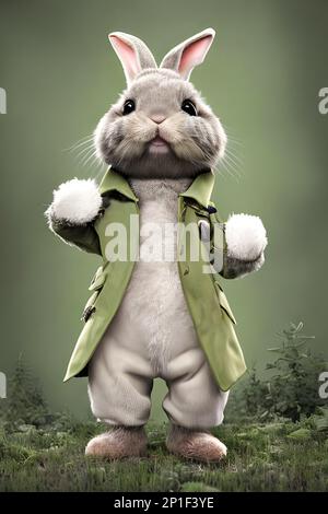 Hase verkleidete anthropomorphe hyperrealistische kleine niedliche und bezaubernde Hase in einem anthropomorphen Porträt von baptiste monge Stockfoto