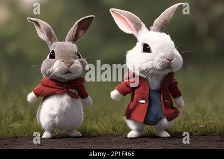 Hase verkleidete anthropomorphe hyperrealistische kleine niedliche und bezaubernde Hase in einem anthropomorphen Porträt von baptiste monge Stockfoto