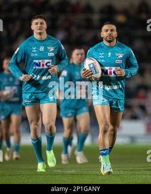 St. Helens, Merseyside, England, 3. März 2023. Leeds Kruise Leeming erwärmt sich im St. Helens Rugby Football Club V Leeds Rhinos Totally Wicked Stadium in der Betfred Super League. (Bild: ©Cody Froggatt/Alamy Live News) Stockfoto