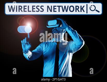 Das Schild zeigt Wireless Network (WLAN) an. Unternehmensansatz für Computernetzwerke, die drahtlose Datenverbindungen nutzen Stockfoto