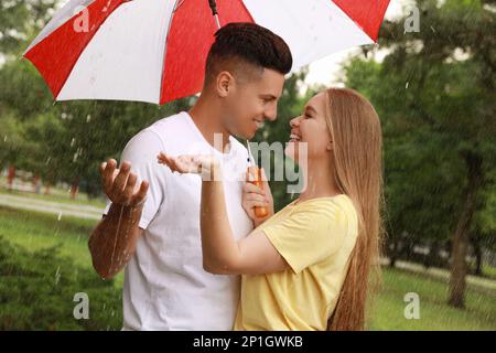 Ein reizendes Paar mit Regenschirm, das im Park unter Regen spazieren ging Stockfoto