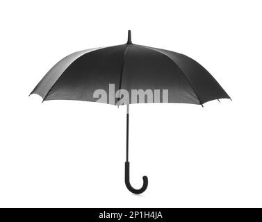 Ein offener schwarzer Regenschirm, isoliert auf weiß Stockfoto