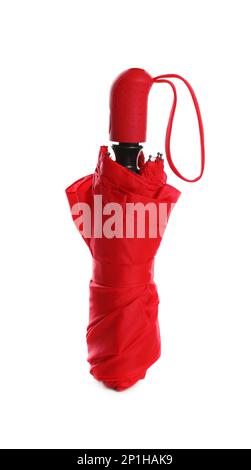 Eleganter geschlossener roter Regenschirm isoliert auf Weiß Stockfoto