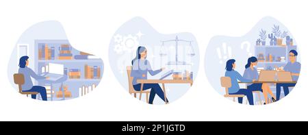 Anwaltskanzlei-Konzept, paralegische Spezialisten bereiten Dokumente vor, professioneller Anwalt liest Gesetzesänderungen, Rechtsberatung für Unternehmen, Notardienst, Stock Vektor